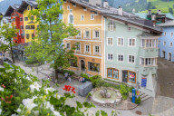 View of colourful architecture from window of Vordarstadt, Kitzbuhel Austrian Tyrol, Austria, Europe