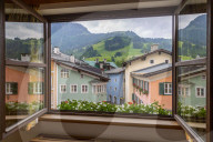 View of colourful architecture from window of Vordarstadt, Kitzbuhel Austrian Tyrol, Austria, Europe