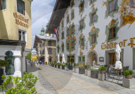View of colourful architecture on Speckbackerstrassa in St. Johann in Tirol Austrian Tyrol, Austria, Europe