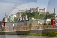 View of Hohensalzburg Castle and footbridge over Salzach River, UNESCO World Heritage Site, Salzburg, Austria, Europe