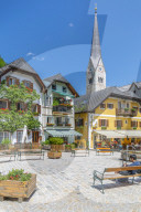 View of Marktplatz in Hallstatt village, Salzkammergut region of the Alps, Salzburg, Austria, Europe