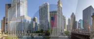 View of The Wrigley Building, Chicago River and watertaxi from DuSable Bridge, Chicago, Illinois, United States of America, North America