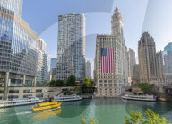 View of The Wrigley Building, Chicago River and watertaxi from DuSable Bridge, Chicago, Illinois, United States of America, North America