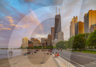 View of Chicago skyline and rainbow from North Shore, Chicago, Illinois, United States of America, North America