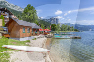 View of Grundlsee village on the shore of lake, Grundlsee, Styria, Austria. Europe