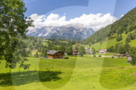 Panoramic view of mountains and meadows near Untertal, Schladming, Styria, Austrian Tyrol, Austria, Europe