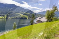 View of Grundlsee village on the shore of lake, Grundlsee, Styria, Austria. Europe