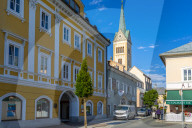 View of colourful Catholic Church at Radstadt, Styria, Austria. Europe