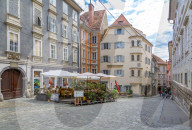 View of colourful architecture and cafes, Graz, Styria, Austria. Europe