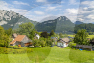 View of taditional chalets and Grundlsee, Styria, Austria. Europe