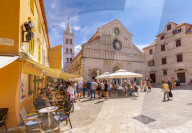 View of busy restaurant and Cathedral of St. Anastasia, Zadar, Zadar county, Dalmatia region, Croatia, Europe