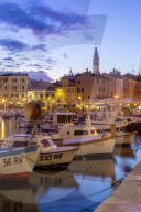 View of harbour and the old town with the cathedral of St. Euphemia at dusk, Rovinj, Istria, Croatia, Adriatic, Europe