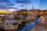 View of harbour and the old town with the cathedral of St. Euphemia at dusk, Rovinj, Istria, Croatia, Adriatic, Europe