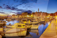 View of harbour and the old town with the cathedral of St. Euphemia at dusk, Rovinj, Istria, Croatia, Adriatic, Europe