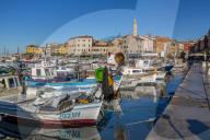 View of harbour and the old town with the cathedral of St. Euphemia, Rovinj, Istria, Croatia, Adriatic, Europe