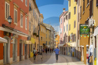 View of shops and people in colourful old town, Rovinj, Istria, Croatia, Adriatic, Europe