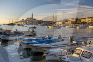 View of harbour and the old town with the cathedral of St. Euphemia at sunset, Rovinj, Istria, Croatia, Adriatic, Europe