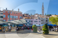 View of Rovinj Market overlooked by cathedral of St. Euphemia in the Old Town of Rovinj, Croatian Adriatic Sea, Istria, Croatia, Europe
