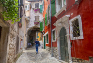 View of cobbled street in the Old Town of Rovinj, Croatian Adriatic Sea, Istria, Croatia, Europe