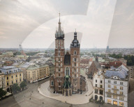 Aerial view of The Church of Saint Mary in Rynek Glowny (Market Square), Krakow, Malopolskie, Poland, Europe