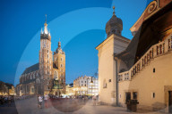 Exterior of Saint Mary's Basilica (Bazylika Mariacka) in Market Square (Rynek Glowny) at night, Krakow, Malopolskie, Poland