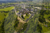 The hilltop village of Saint-Suzanne in the Mayenne area of France. (drone)