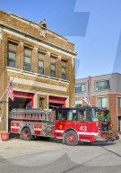 Red Fire Truck outside fire station in Chicago.