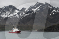 British Antarctic Survey's research vessel James Clark Ross leaving King Edward Point and Allardyce Range behind, South Georgia