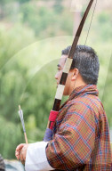 Portrait of man at archery competition, Bhutan's national sport.