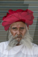 Indian man, member of the Rabari tribe, with a red turban, Bera, Rajasthan, India