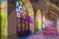 Nasir-ol-Molk Mosque, Pink Mosque, Light patterns from colored stained glass illuminating the iwan, Shiraz, Fars Province, Iran