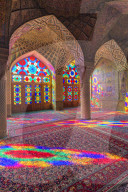 Nasir-ol-Molk Mosque, Pink Mosque, Light patterns from colored stained glass illuminating the iwan, Shiraz, Fars Province, Iran