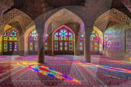Nasir-ol-Molk Mosque, Pink Mosque, Light patterns from colored stained glass illuminating the iwan, Shiraz, Fars Province, Iran
