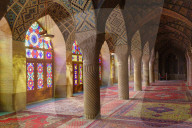 Nasir-ol-Molk Mosque, Pink Mosque, Light patterns from colored stained glass illuminating the iwan, Shiraz, Fars Province, Iran