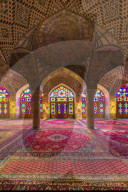 Nasir-ol-Molk Mosque, Pink Mosque, Light patterns from colored stained glass illuminating the iwan, Shiraz, Fars Province, Iran