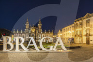 Carlos Amarante square at night with illuminated 18th century Sao Marcos Church, Braga, Minho, Portugal
