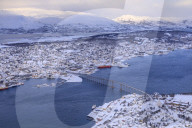 Tromso, Tromsoya and fjord, after heavy snow, elevated view from Mount Storsteinen, Winter, Troms, Arctic North Norway