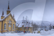 Tromso, after heavy snow, Catholic Cathedral, Tromso Bridge, fjord, Winter, Troms, Arctic Circle, North Norway, Europe