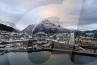 Andalsnes, town, Rauma Railway, mountain snow, dawn, elevated view from Romsdalsfjord, Winter, More og Romsdal, Norway, Europe