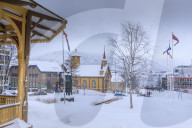 Tromso, after heavy snow, music pavillion, Catholic Cathedral and Arctic Cathedral, Winter, Troms, Arctic Circle, North Norway