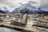 Andalsnes, town, mountain snow, elevated view from Romsdalsfjord, Winter, More og Romsdal, Norway, Europe