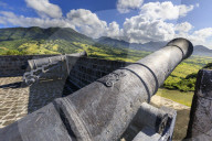 Cannons, royal insignia, Brimstone Hill Fortress National Park, UNESCO World Heritage Site, St. Kitts and Nevis, Caribbean