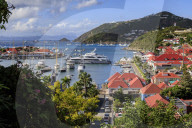 Gustavia, elevated view over pretty red rooftops of town and sea, St. Barthelemy (St. Barts, St Barth), West Indies, Caribbean