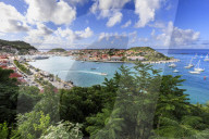 Elevated view over pretty Gustavia harbour and town and out to sea, St. Barthelemy (St. Barts, St Barth), West Indies, Caribbean