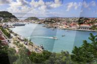 Elevated view over pretty Gustavia harbour and town and out to sea, St. Barthelemy (St. Barts, St Barth), West Indies, Caribbean