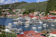 Gustavia, elevated view, harbour, red rooftops and wooded hills, St. Barthelemy (St. Barts, St Barth), West Indies, Caribbean