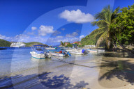 Les Saintes Bay at Anse Mire Cove beach, boats, turquoise sea, palm tree, Terre de Haut, Iles Des Saintes, Guadeloupe, Caribbean
