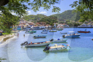 Anse du Bourg, town beach and boats, Terre de Haut, Iles Des Saintes, Les Saintes, Guadeloupe, West Indies, Caribbean
