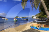 Colourful Anse du Bourg, town beach and boats, Terre de Haut, Iles Des Saintes, Les Saintes, Guadeloupe, West Indies, Caribbean