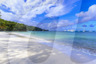Quiet Caribbean, family play in turquoise sea, white sand beach, beautiful Port Elizabeth, Bequia, The Grenadines, St Vincent